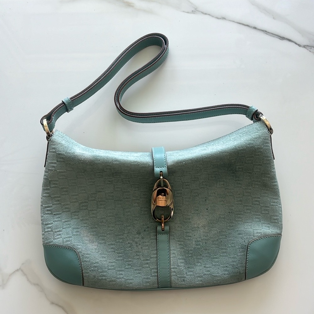 Auth rare vintage Tiffany blue Gucci Jackie suede shoulder bag